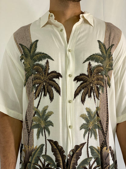 Vintage Hollis River Men’s Palm Tree Print Hawaiian Cream Short Sleeve Shirt - XL