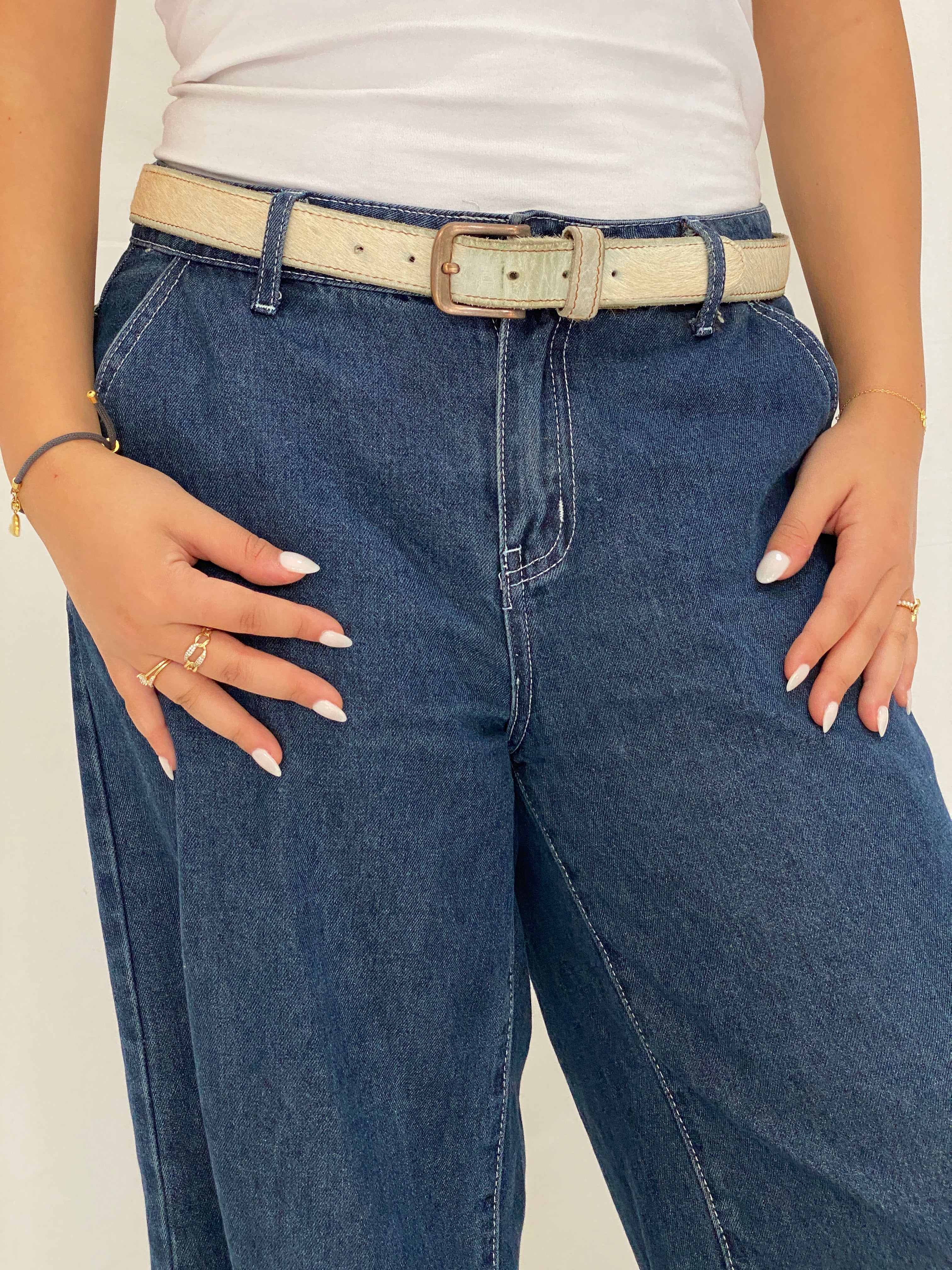 Vintage Costes Hair-On-Hide Genuine Leather Cream Western Belt