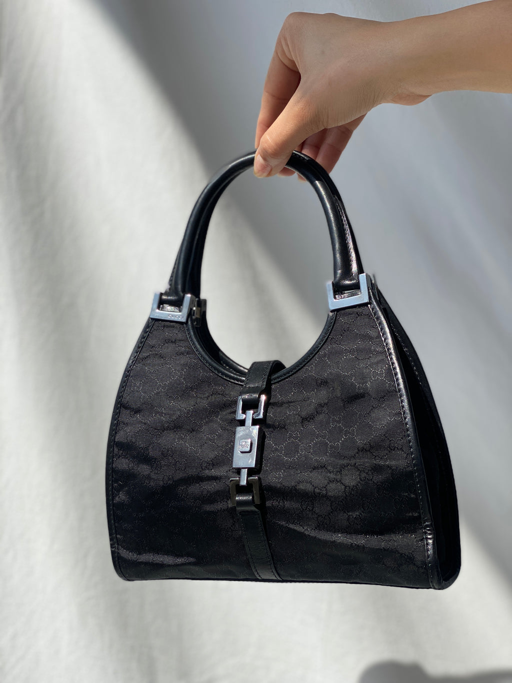 Vintage 00s Gucci Jackie Bardot Black Leather Monogram GG Canvas Mini Handbag