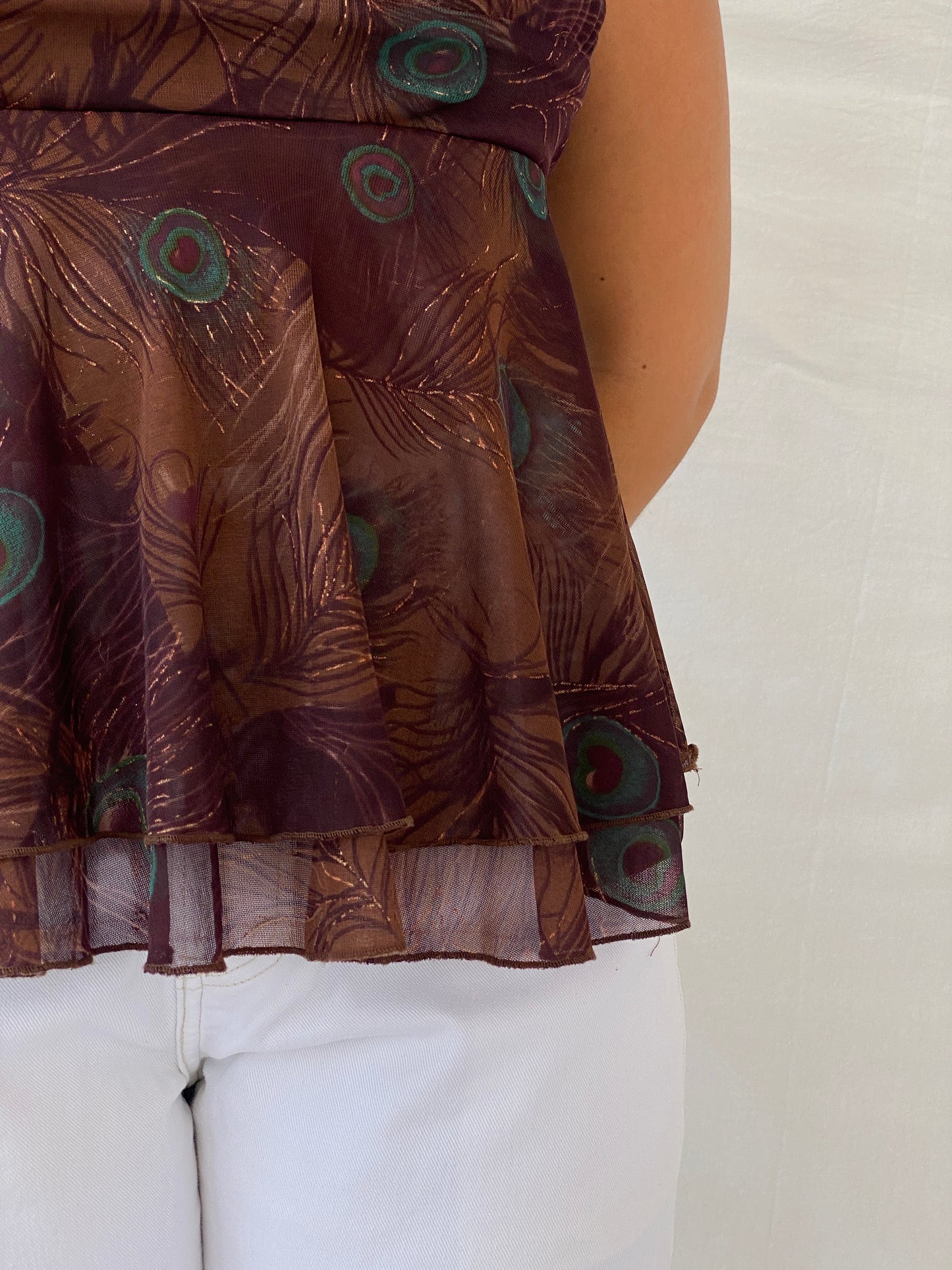 90s My Michelle Boho Peacock Print Brown Sheer Layered Cami - L