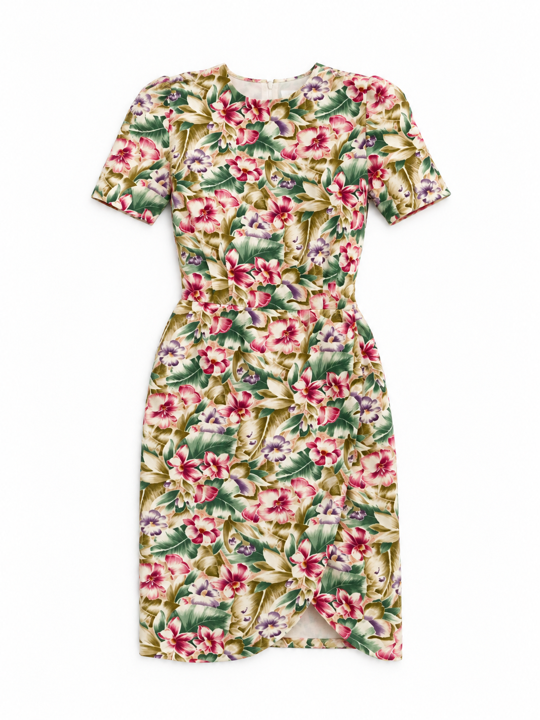 Vintage 90s Liz Claiborne Cream Rayon Tropical Floral Wrap-Style Dress - S