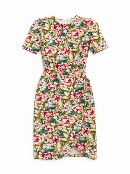 Vintage 90s Liz Claiborne Cream Rayon Tropical Floral Wrap-Style Dress - S