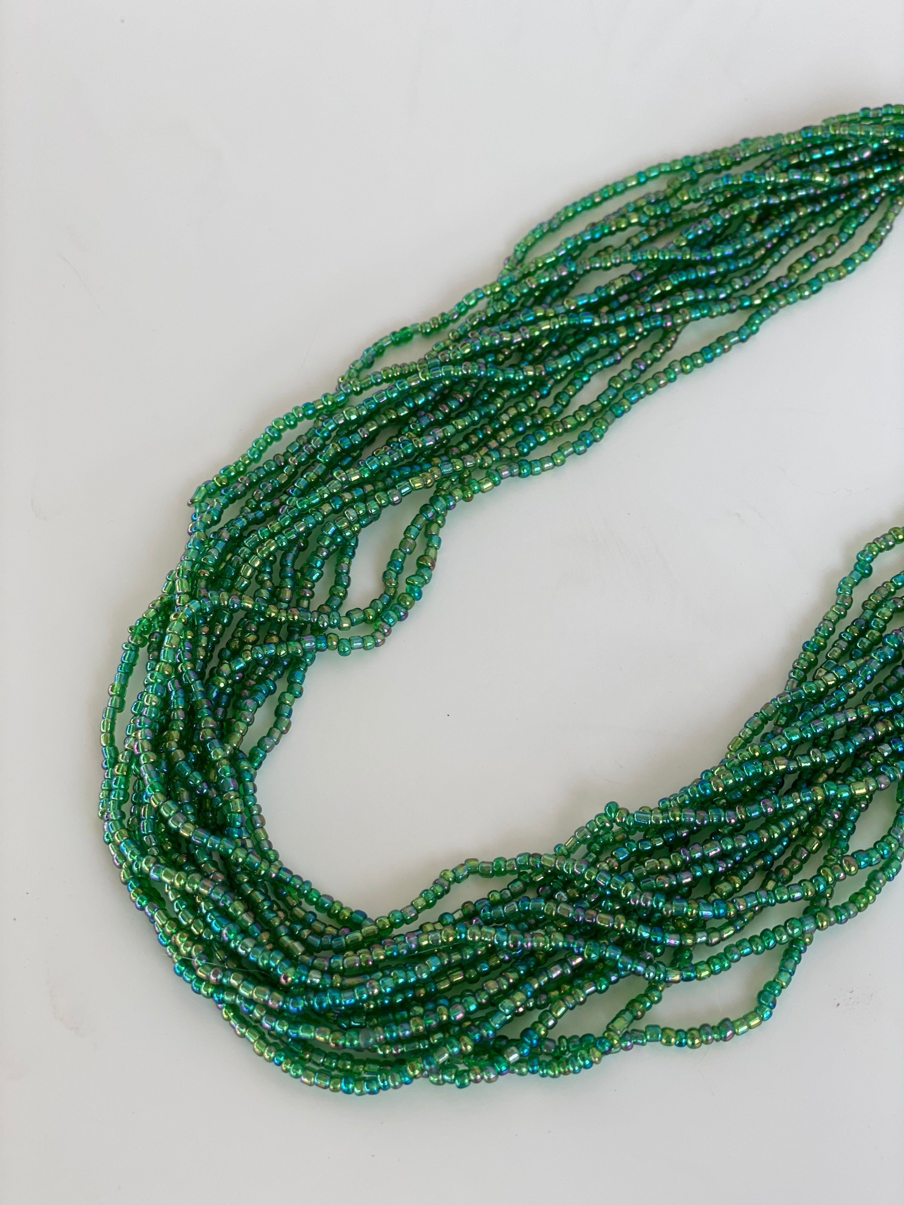 Vintage Multi-Strand Green Glass Beaded Necklace – Statement Layered Boho Jewelry