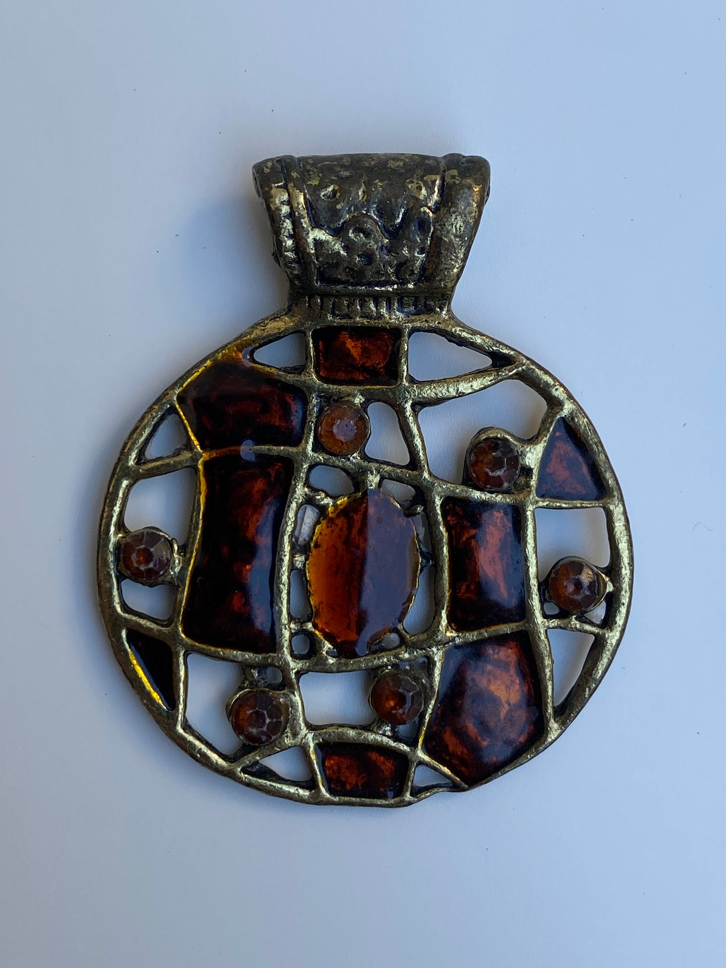 Vintage Brutalist Amber Glass Mosaic Artisan Round Pendant