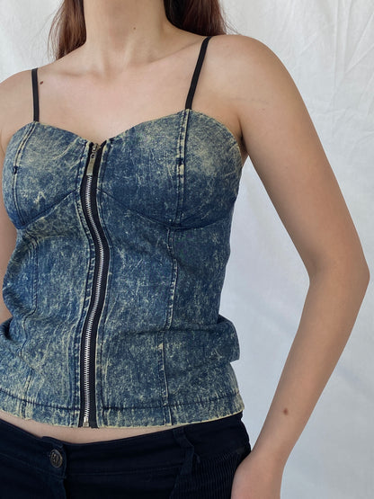 Vintage Wash Denim Blue Corset with Zipper and Adjustable Straps - M