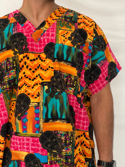 Vintage 90s S.C.R.U.B.S. Abstract African Print Cotton Scrub Top - 2XL