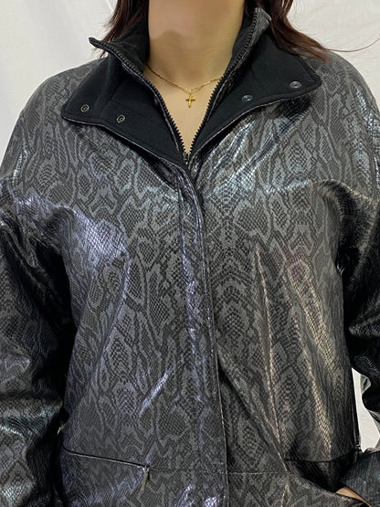 Vintage Lisa Tossa Black Metallic Snake Print Long Raincoat Jacket – M