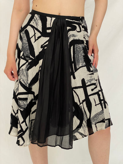 MNG Limited Edition Abstract Silk Cotton Blend Black & White Artsy Midi Skirt – S