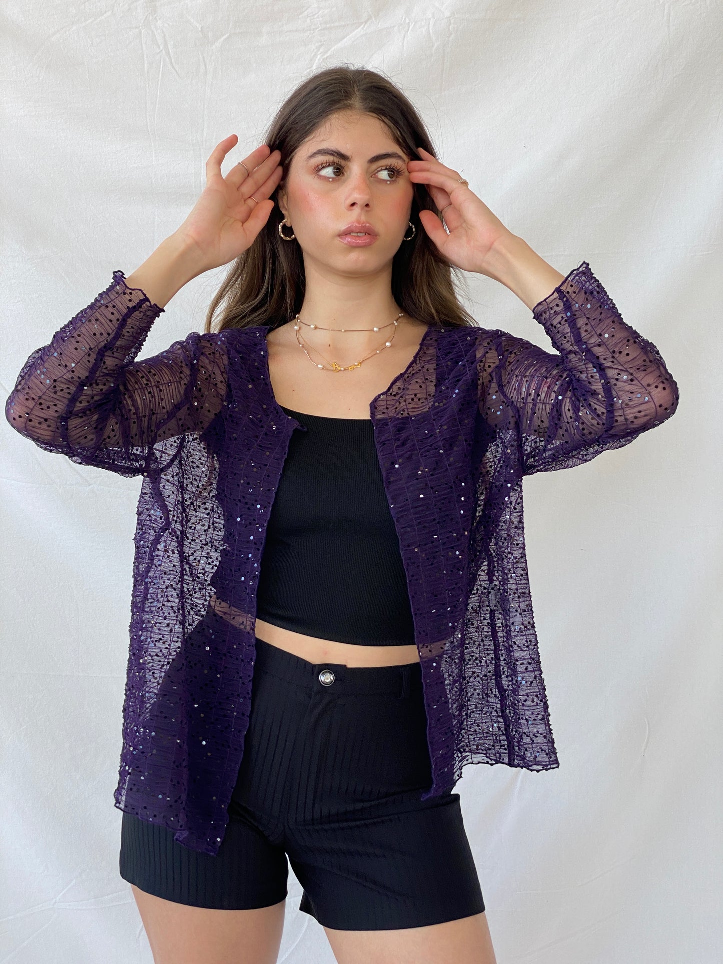 Vintage Talla&Moda Sequined Sheer Purple Cardigan - L