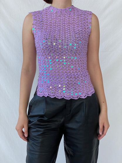 00s Lilac Knitted Crochet Sequined Sleeveless Women’s Top - S