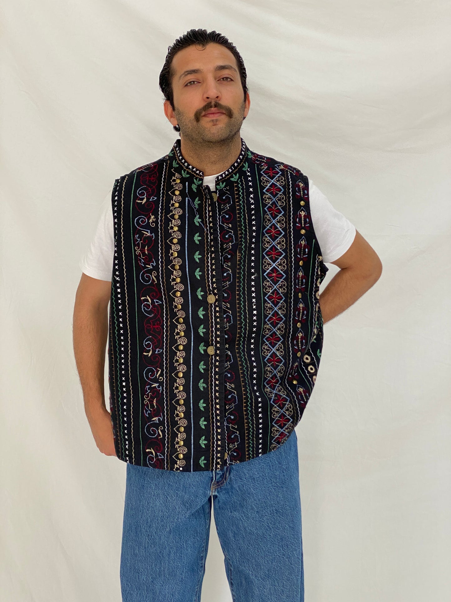 Vintage Tribal Embroidered Black Cotton Vest Oversized Boho Folk Waistcoat - L