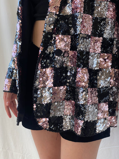 Statement Vintage Jris Black, Pink & Silver Sequin Party Blazer - M