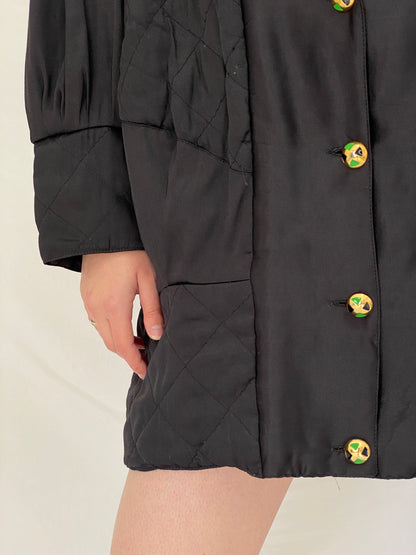 Vintage Black Quilted Puffer Oversized Fit Jacket with Gold Buttons - L
