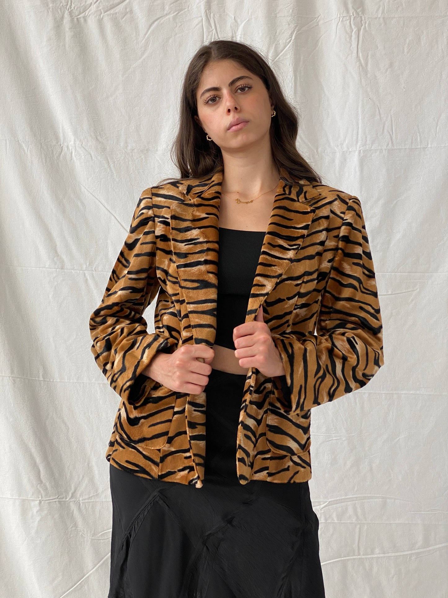 Vintage 90s Dana Mode Tiger Print Faux Fur Black and Tan Blazer - L