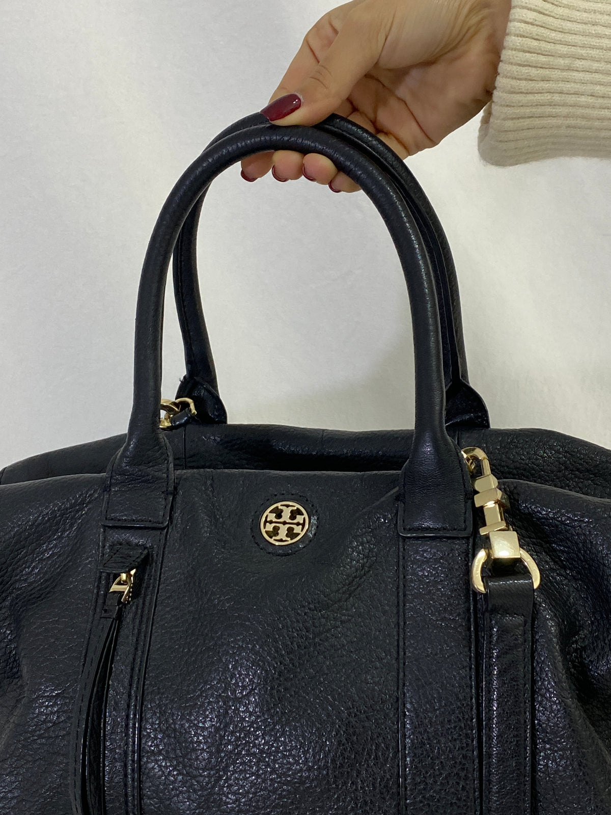 Tory Burch Marion Black Pebbled Leather Satchel Bowler Bag with Gold Hardware Tory Burch Marion Black Pebbled Leather Satchel Bowler Bag with Gold Hardware