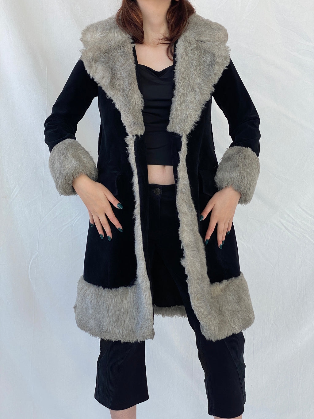 Vintage 90s Wild Rose Penny Lane Black Faux Grey Fur Afghan Style Coat - M