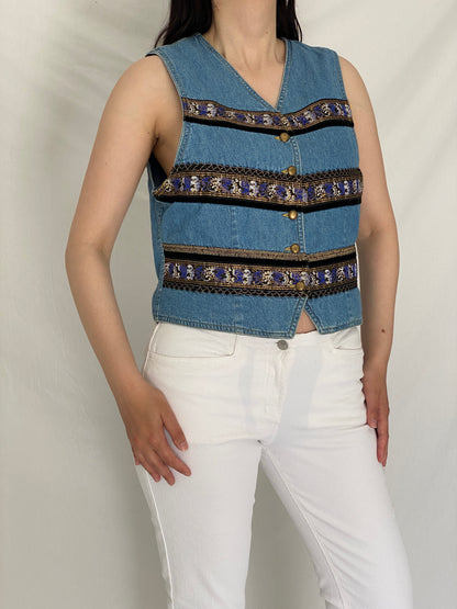 Vintage Y2K Liz Wear Denim Vest Boho Tapestry Trim Button Front Cropped Jean Vest – M