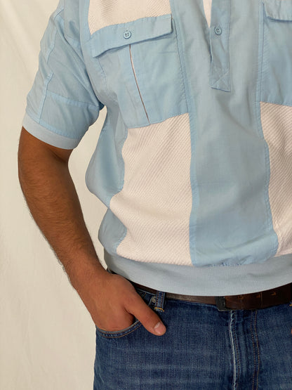 Vintage Alexxus Knit Panel Polo Shirt Blue & White Retro Pullover – XL