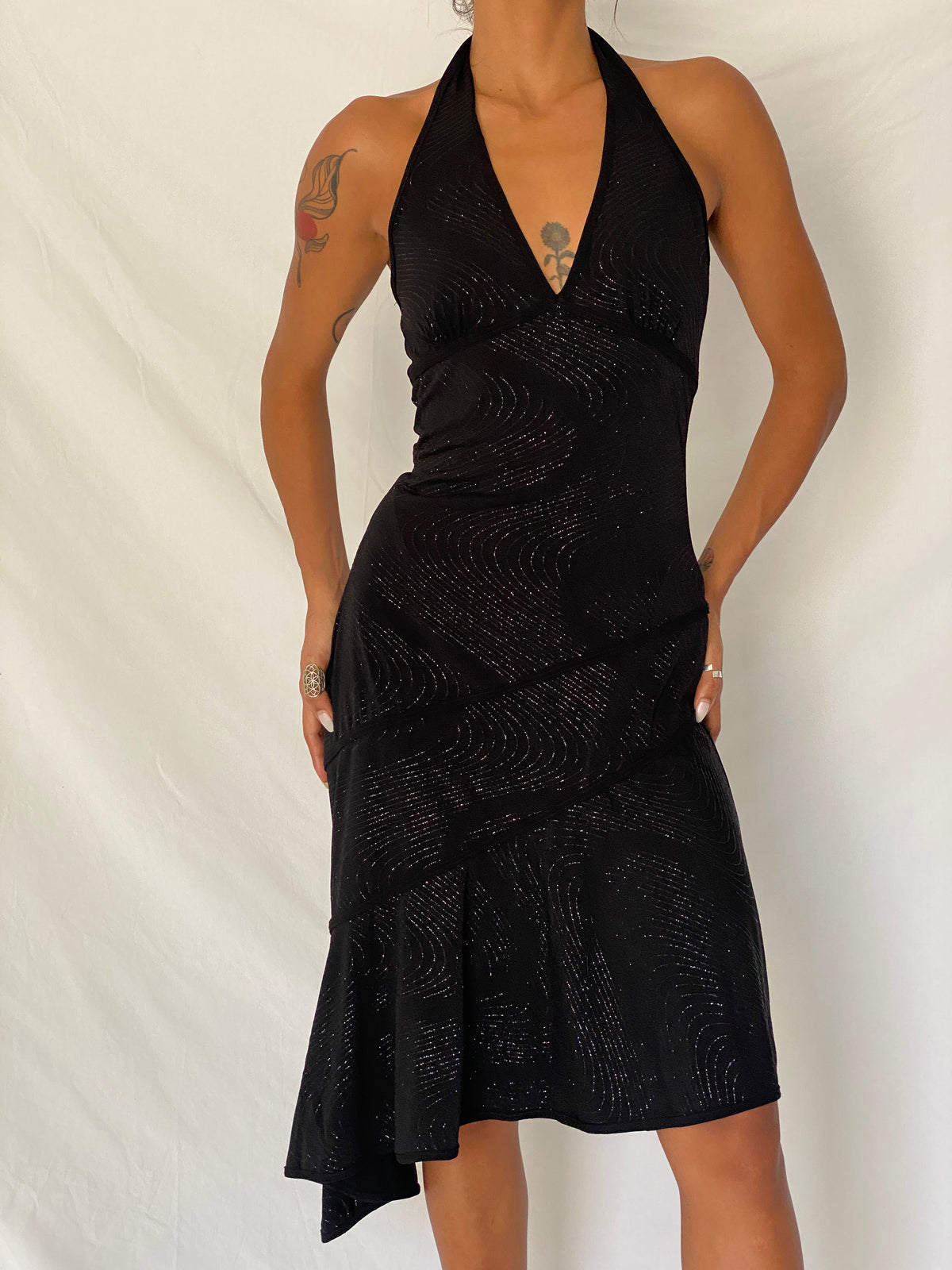 Vintage Y2K Lipstick Black Glitter Swirl Halter Asymmetric Midi Dress- S Vintage Y2K Lipstick Black Glitter Swirl Halter Asymmetric Midi Dress- S