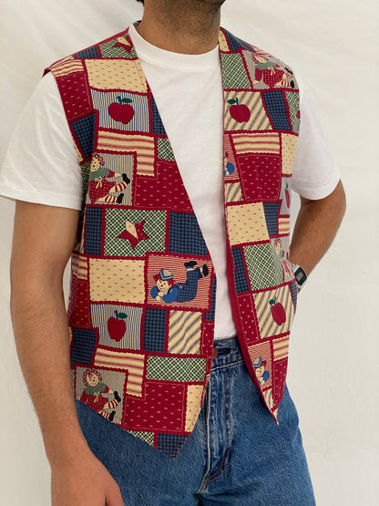 Vintage Handmade Patchwork Novelty Vest Red Folk Cotton Waistcoat – L