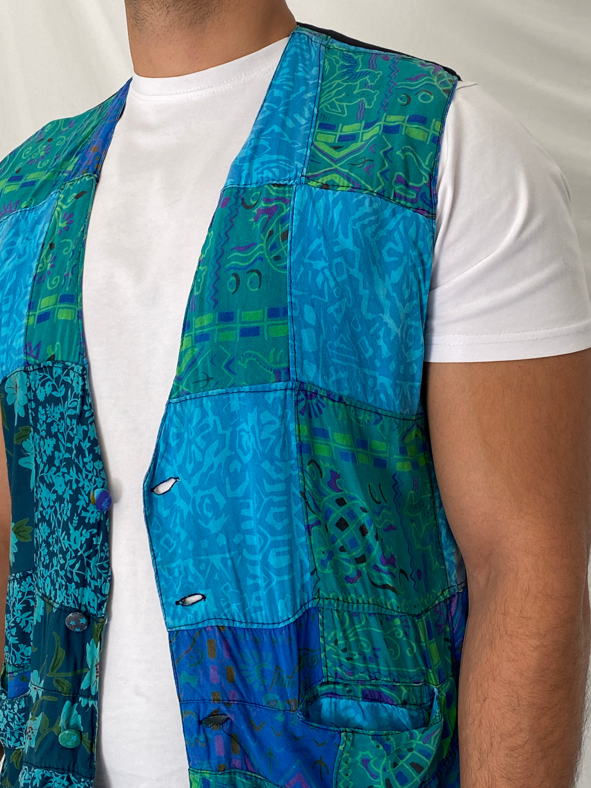 Vintage 90s Nativewear Designs Blue Green Patchwork Boho Festival Vest – XL Vintage 90s Nativewear Designs Blue Green Patchwork Boho Festival Vest – XL