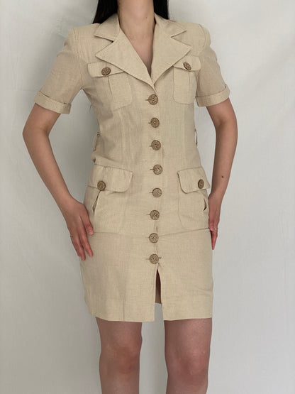 Vintage SISAN Couture Beige Safari-Style Linen Blend Belted Dress - S