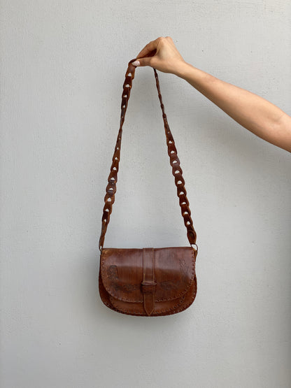 Vintage Boho Brown Hand-Tooled Leather Crossbody Bag Embossed Saddle Bag