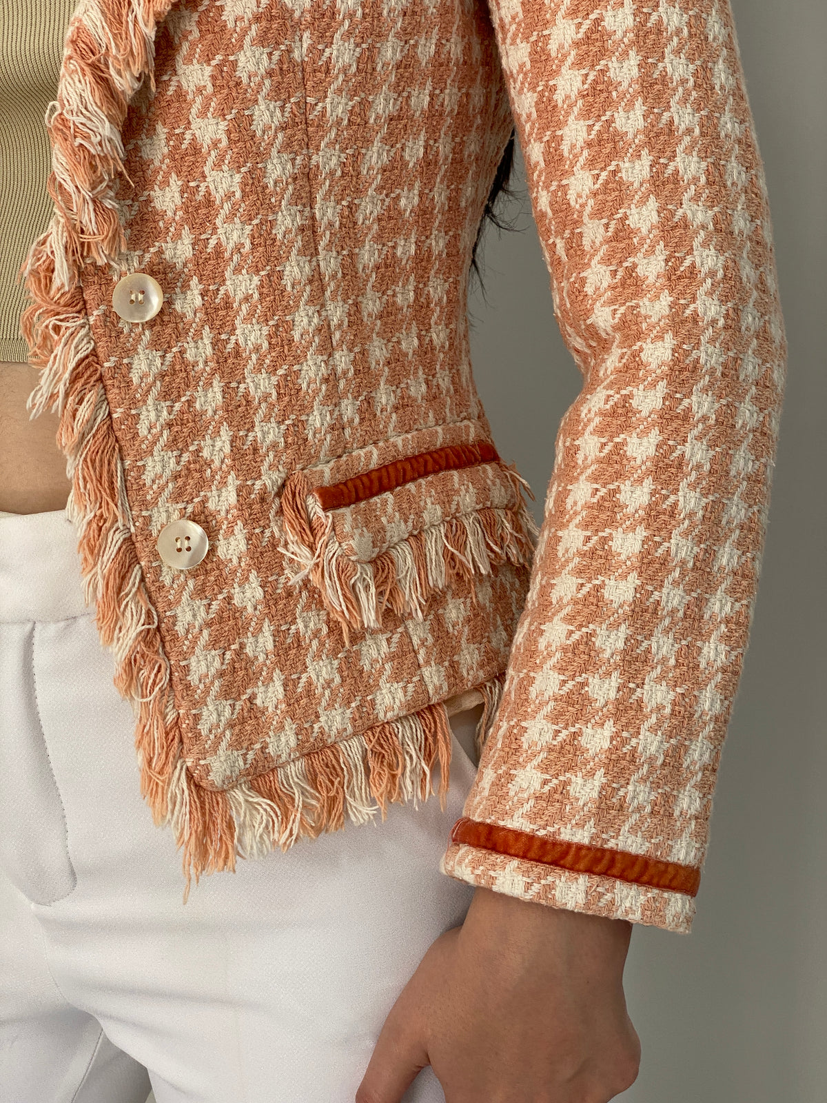 Vintage Y2K Laforet Collection Peach & Cream Houndstooth Fringe Tweed Blazer - XS