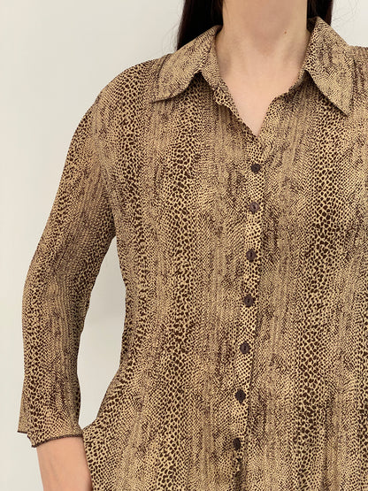 Vintage Y2K Covington Beige Brown Animal Print Button-Up Blouse - XL