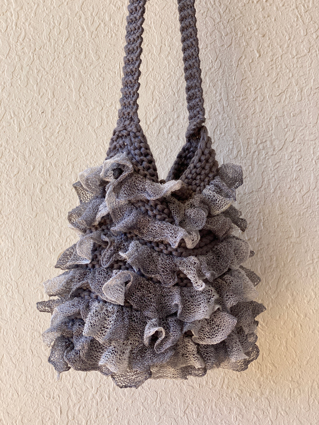 Y2K Ruffled Crochet Shoulder Bag Knitted Gray Whimsy Crossbody Bag