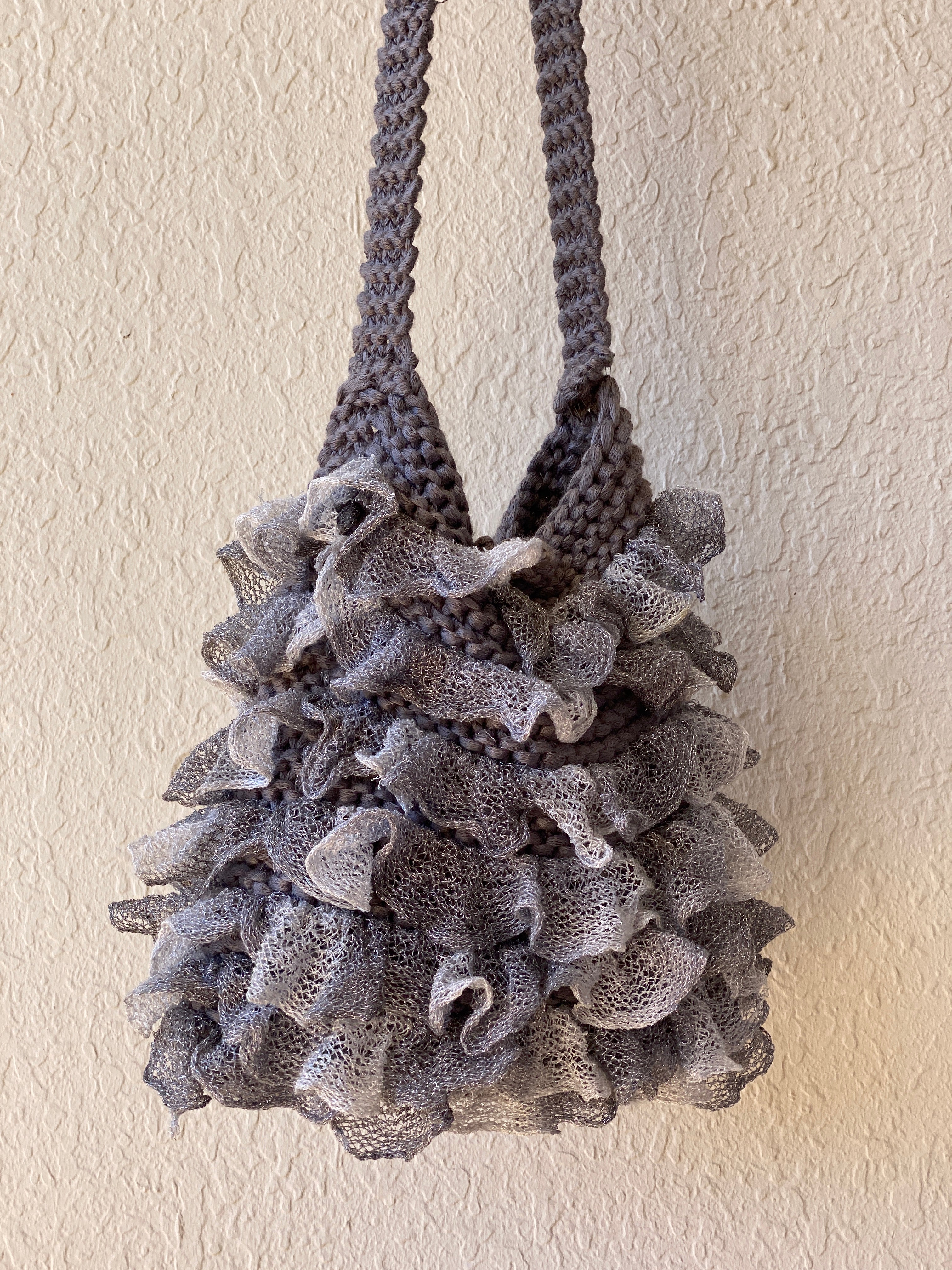 Y2K Ruffled Crochet Shoulder Bag Knitted Gray Whimsy Crossbody Bag
