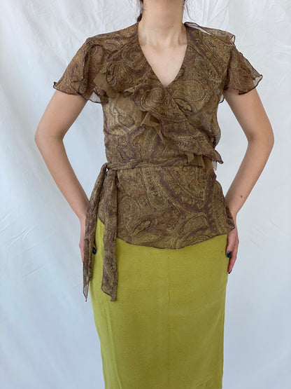 Lauren by Ralph Lauren Brown Paisley Ruffle-Trim Wrap Blouse - L