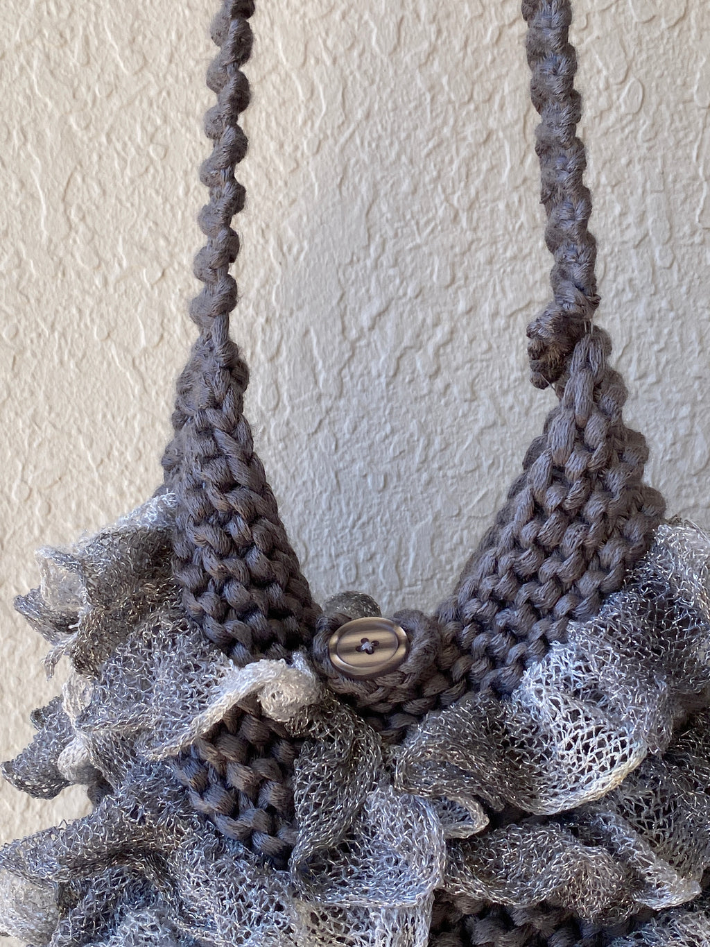 Y2K Ruffled Crochet Shoulder Bag Knitted Gray Whimsy Crossbody Bag