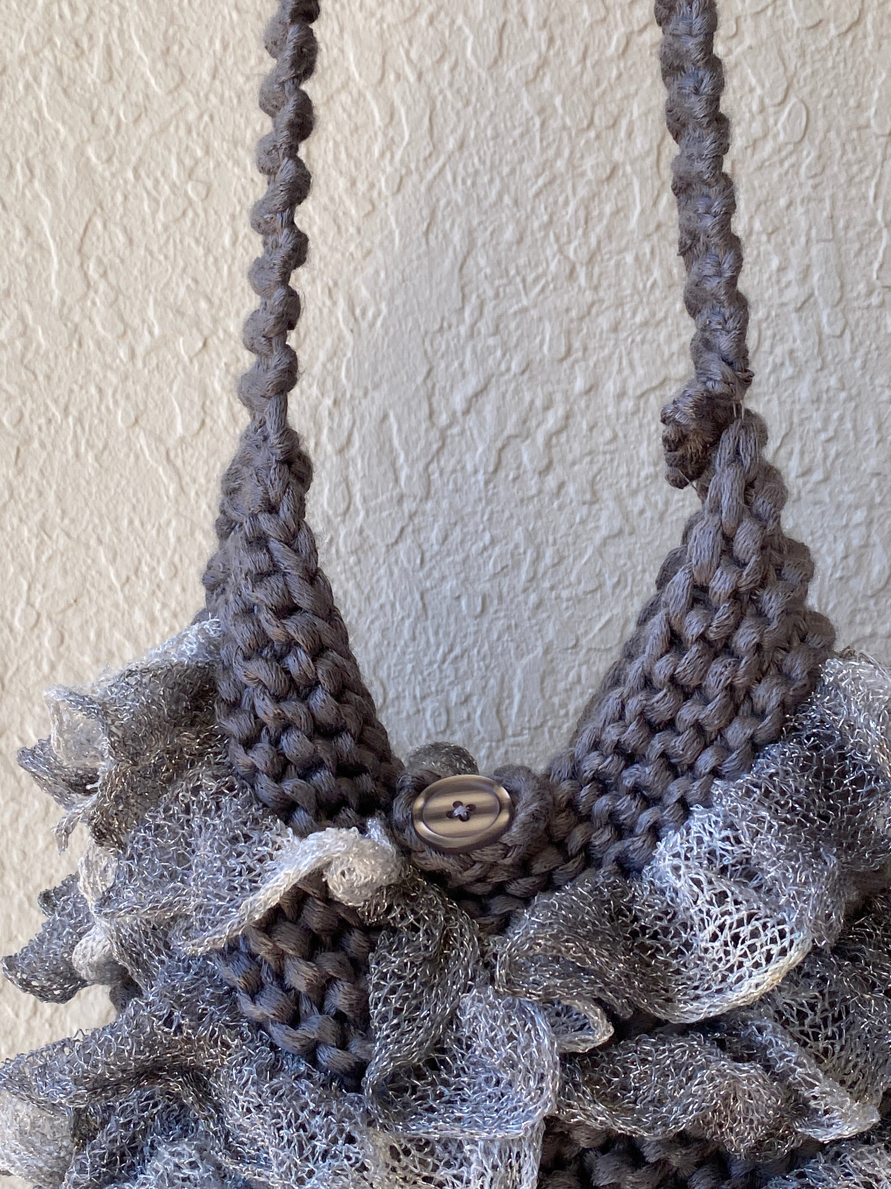 Y2K Ruffled Crochet Shoulder Bag Knitted Gray Whimsy Crossbody Bag