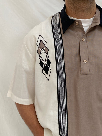 Vintage 90s Alan Stuart Color Block Bowling Shirt Beige Cream Retro Cuban Top - L
