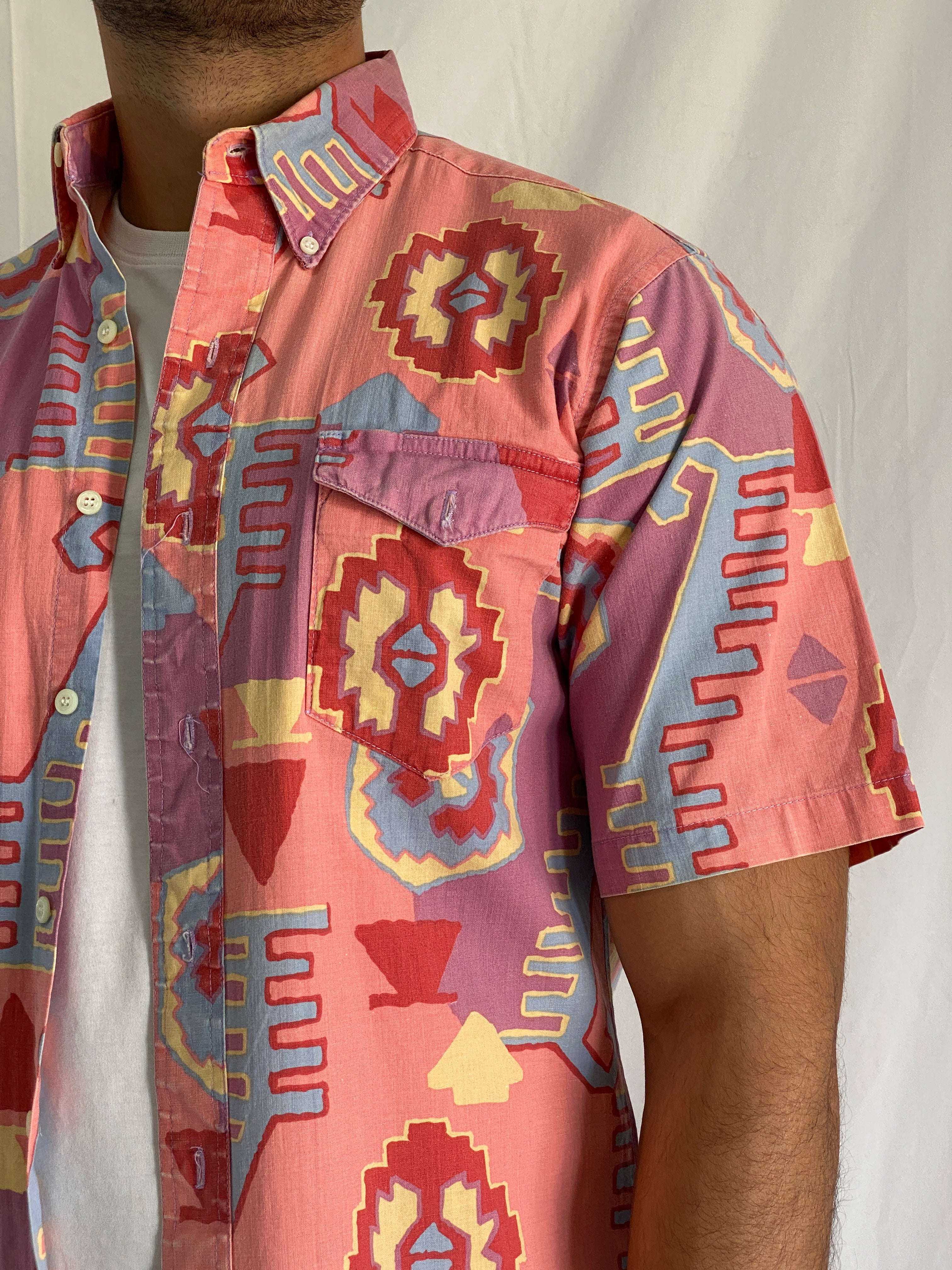 Vintage Wrangler Cotton Aztec Print Men’s Short Sleeve Southwestern Bold 90s Geometric Shirt - M