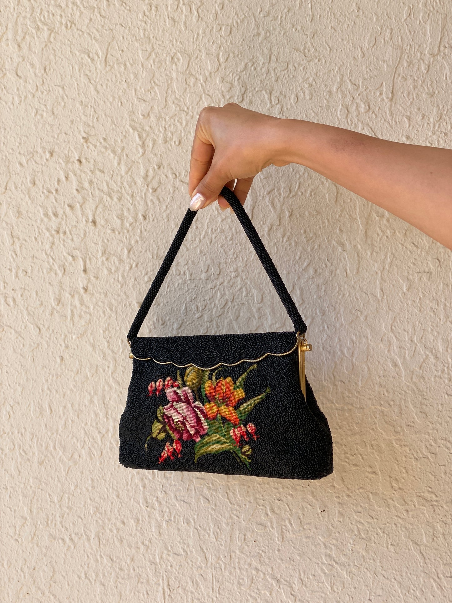 Vintage 1950s Black Micro Beaded Tapestry Floral Evening Bag – Gold Frame Mini Handbag