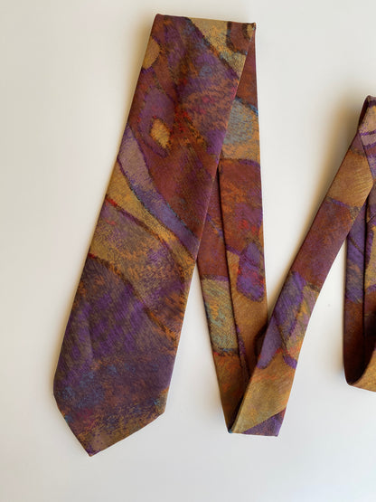 Vintage 1980s–90s Abstract Print Tie Purple & Ochre Wide Necktie