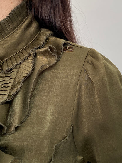 Goldie Estelle Olive Green Long Sleeve Shirt Ruffle Bow Blouse – M