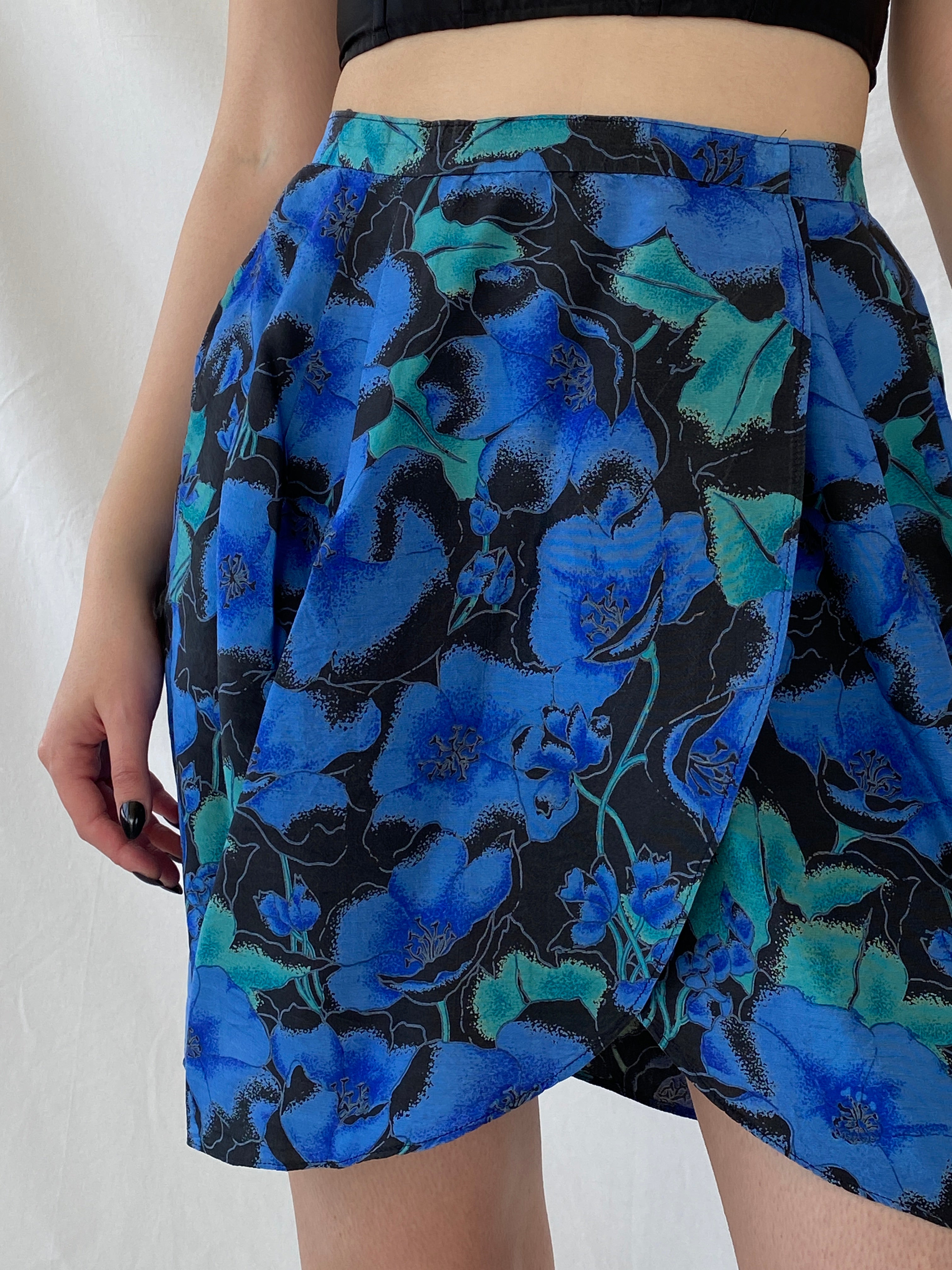 Beautiful Handmade Blue Floral Mini Wrap Skirt - S
