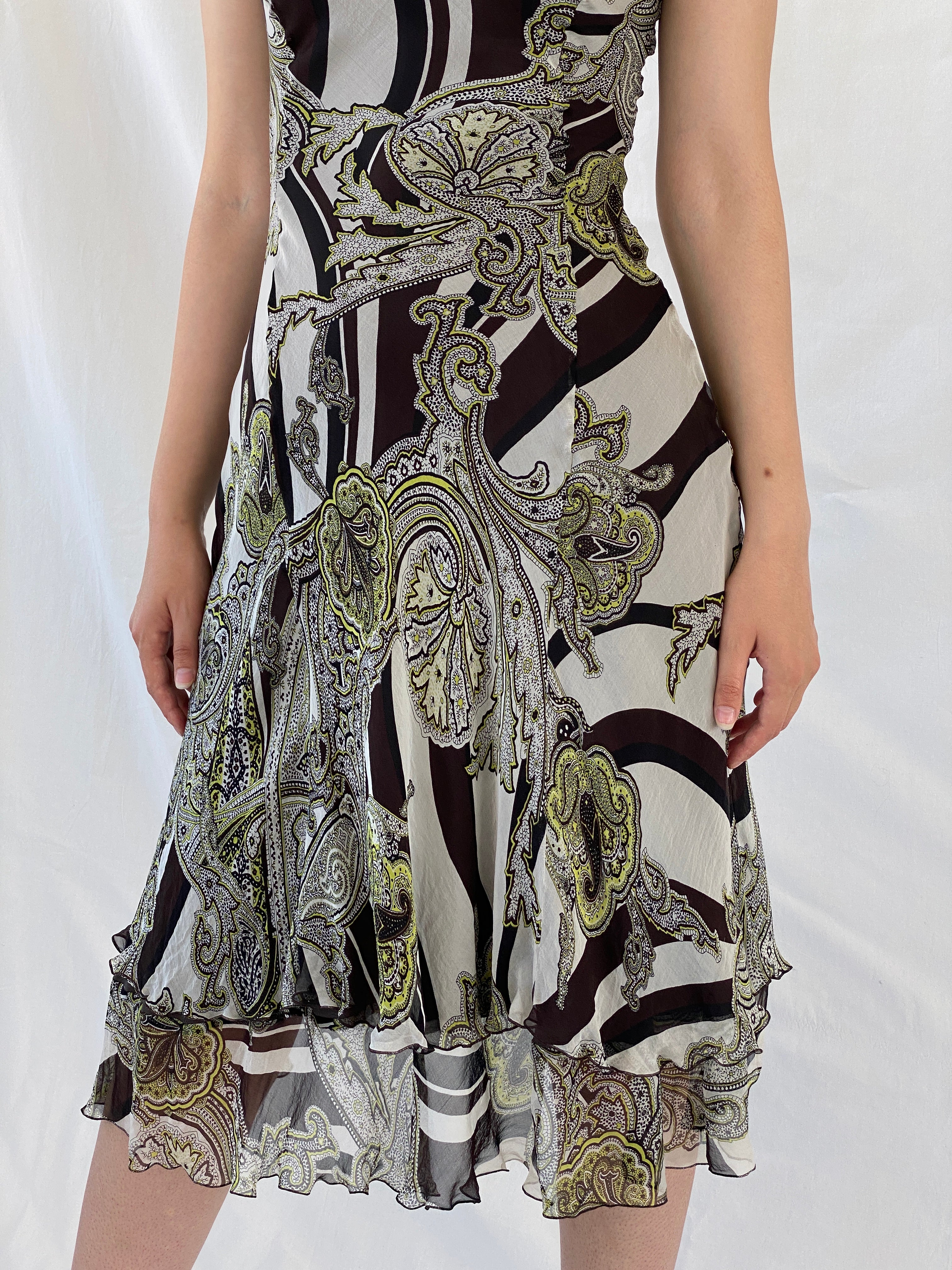 Gorgeous Claudia Sträter Paisley Print Brown Green Silk Sleeveless Summer Vacation Midi Dress - S