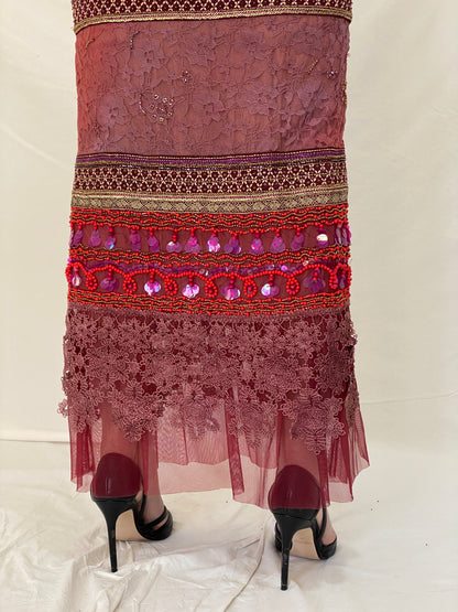 BRITISHINDIA Limited Edition Embellished Lace Maxi Skirt with Beaded Panels & Side Slit -S