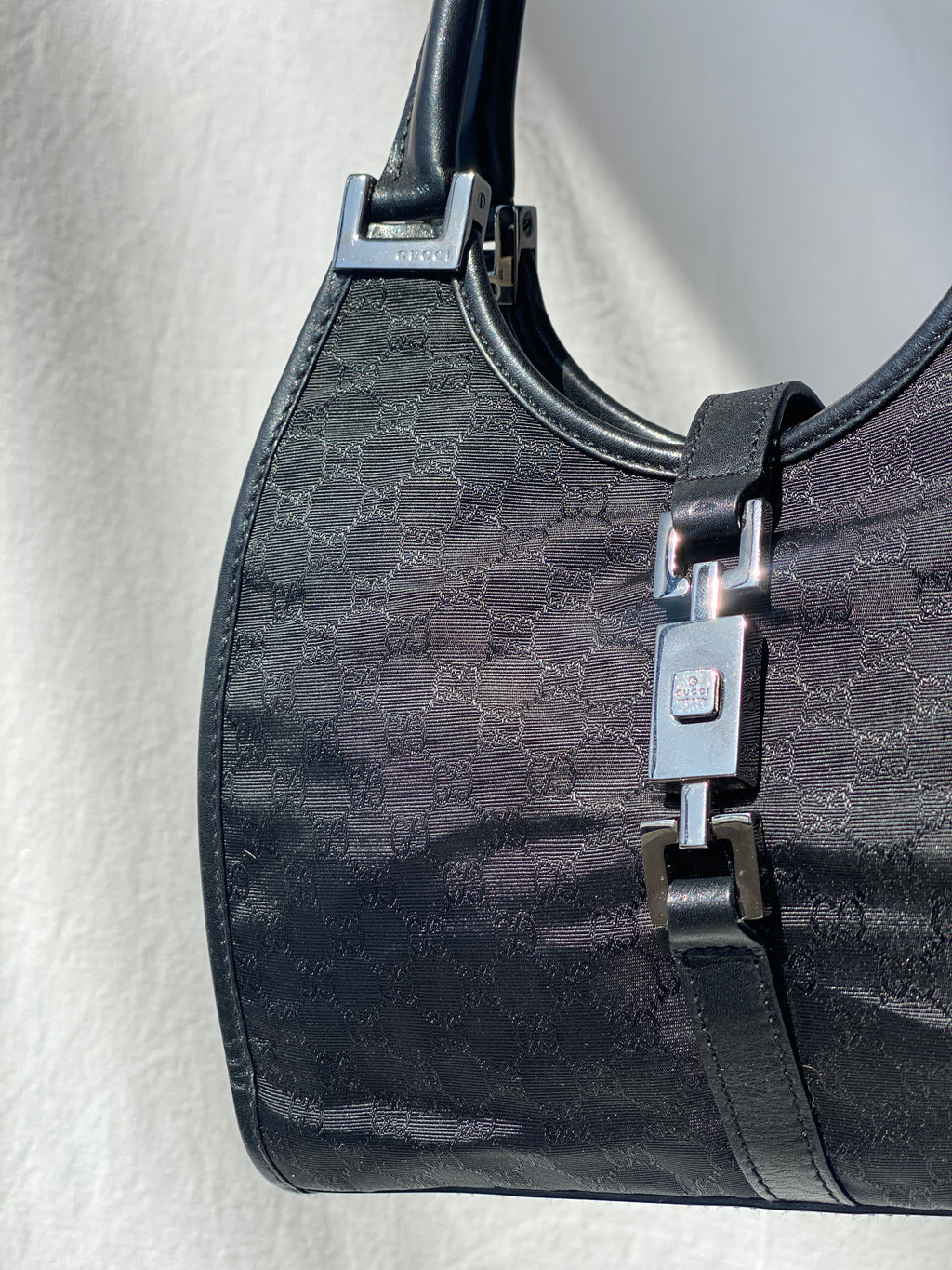 Vintage 00s Gucci Jackie Bardot Black Leather Monogram GG Canvas Mini Handbag