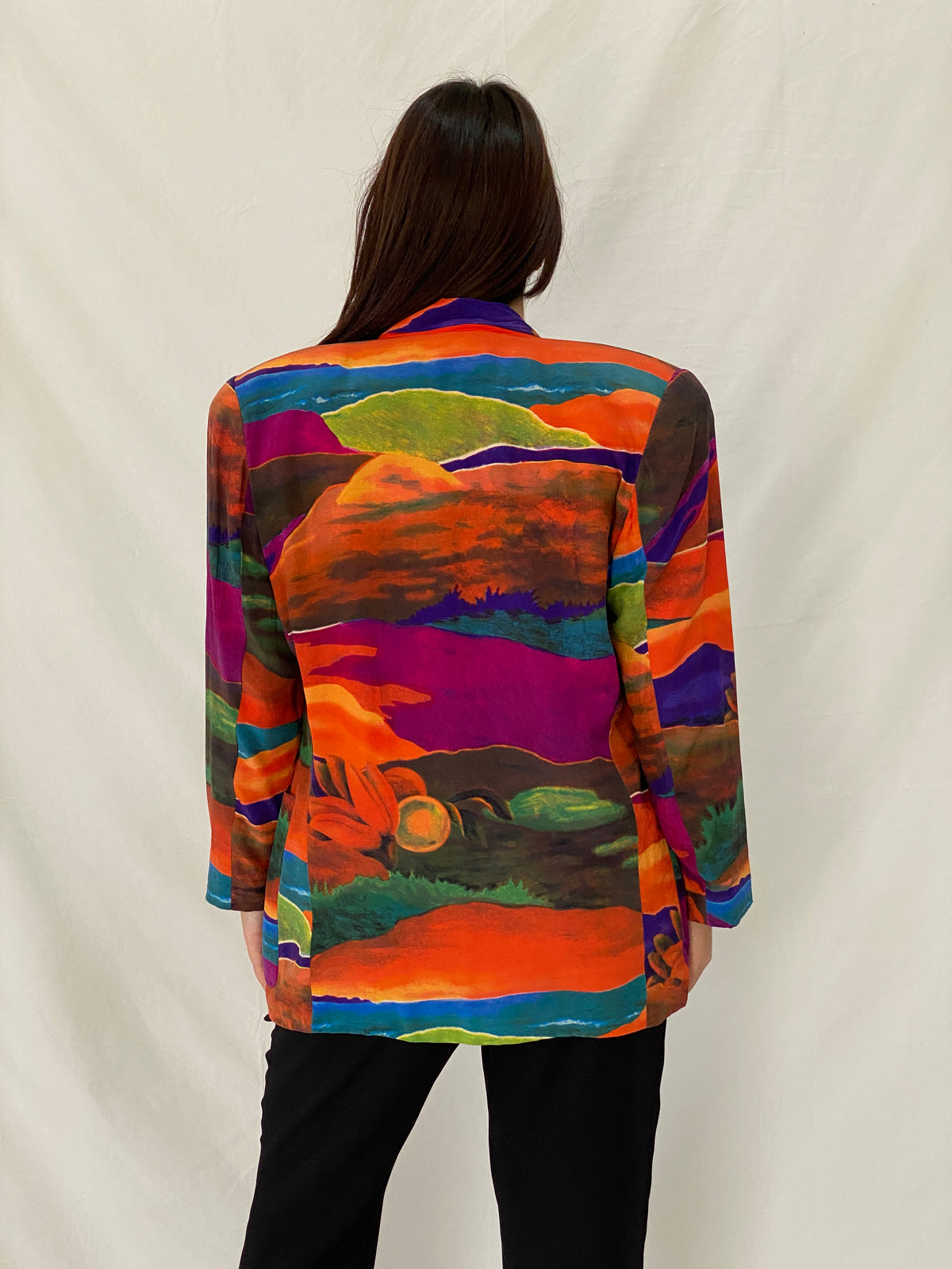 Vintage Linda Allard for Ellen Tracy Silk Abstract Landscape Art Print Blazer - M Vintage Linda Allard for Ellen Tracy Silk Abstract Landscape Art Print Blazer - M