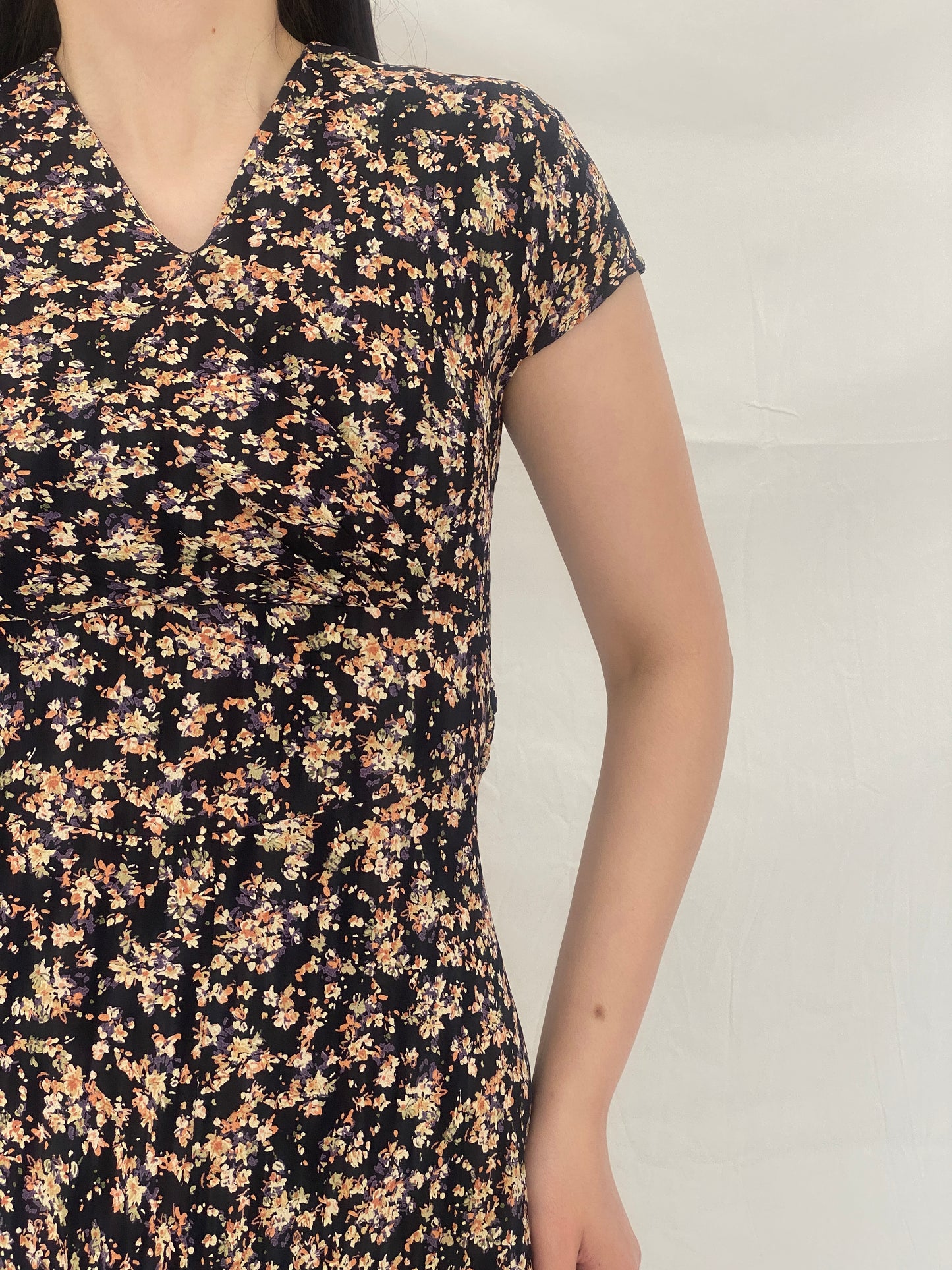 Vintage 90s Petite Sophisticate Black Floral Midi Dress with Tie Back - S