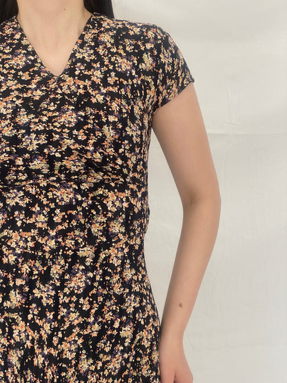 Vintage 90s Petite Sophisticate Black Floral Midi Dress with Tie Back - S