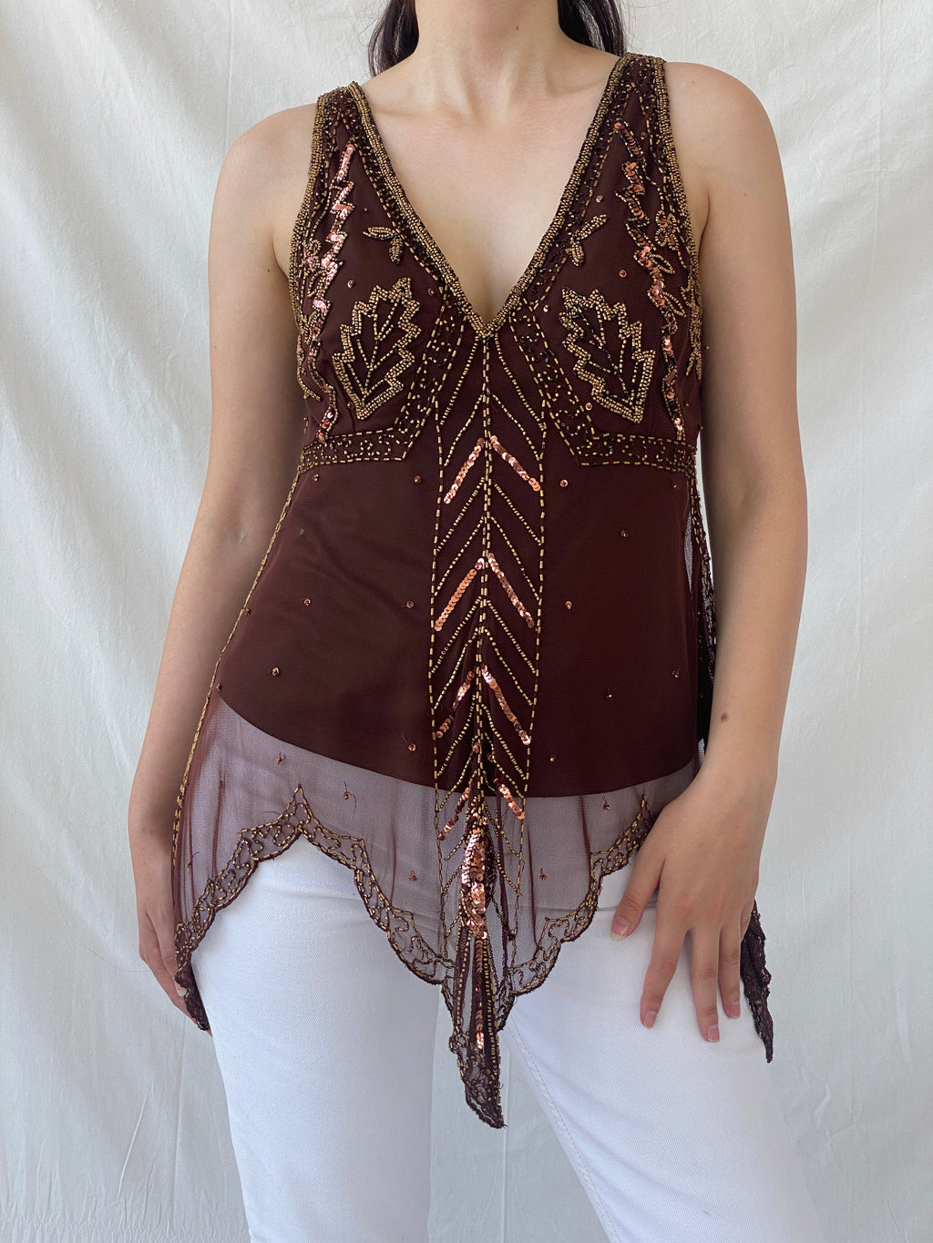Vintage Wallis Brown Beaded Sequined Sleeveless Fairy Core Mesh Top - L
