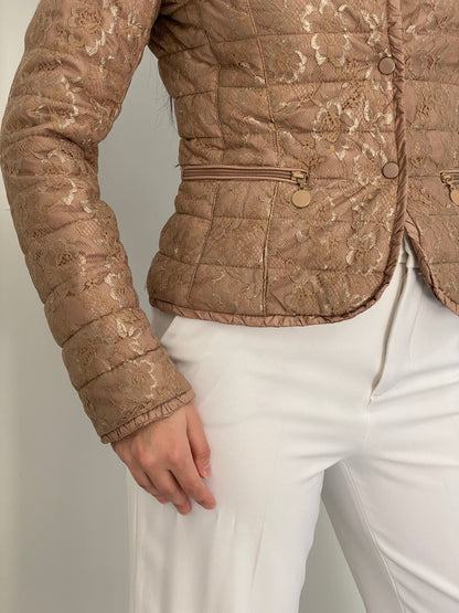 Y2K By Secret Beige Floral Lace Quilted Puffer Jacket – S