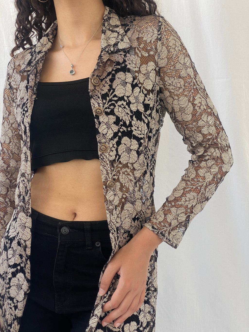 Stunning 90s Wallis Petite Gold Black Lace Long Cardigan - M
