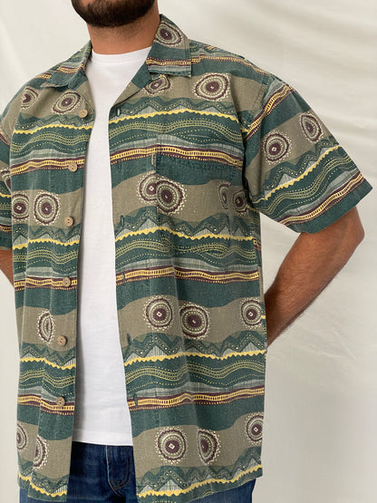 90s Bugle Boy Green Abstract Cotton Ramie Camp Shirt – M
